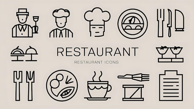 Photo set d'icônes de restaurants adapté aux sites web d'infographie et aux médias imprimés icons de ligne plate noire et blanche