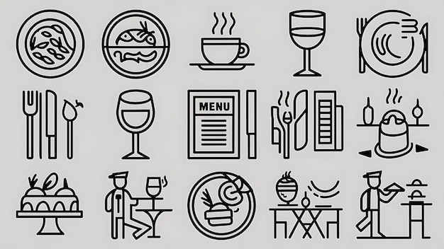 Photo set d'icônes de restaurants adapté aux sites web d'infographie et aux médias imprimés icons de ligne plate noire et blanche