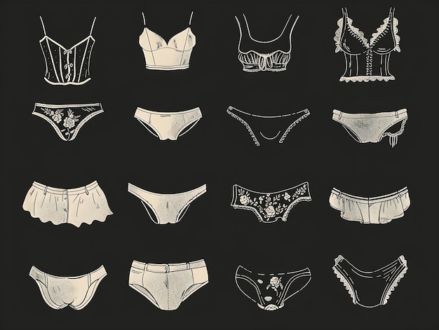 Photo set de lingerie féminine de 39 ans illustration vectorielle dessinée à la main en noir et blanc