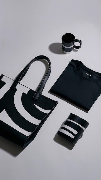 Photo set de sac à dos et de tasse à t-shirt noir sur un fond clair