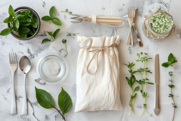 Photo set sans plastique avec sac de coton et vaisselle recyclée