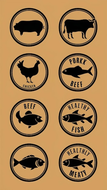 Photo signes de viande de porc, de poulet et de poisson types de viande icône de concept d'alimentation saine