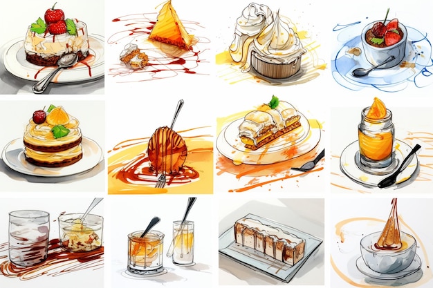 Photo sketch culinaire de compositions culinaires