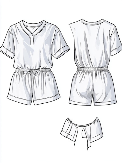 Photo sketch vectoriel technique de vêtements de maison en satin liquide sketch avant et arrière d'un ensemble de vêtements de couchage de pyjama à manches courtes avec col entaillé shorts easytopull avec ceinture élastique