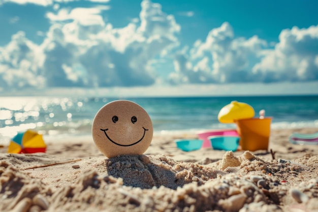 Photo un smiley heureux est assis sur une plage de sable sur l'eau azur.