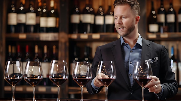 Photo un sommelier confiant tourbillonne et renifle un verre de vin rouge alors qu'il le présente aux clients lors d'une dégustation de vin.