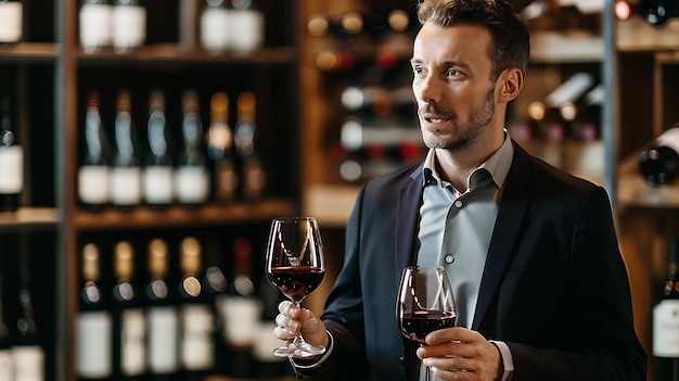 Photo un sommelier masculin confiant tenant deux verres de vin rouge dans une cave à vin