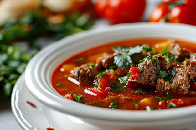 Soupe de tomate rouge avec du bœuf vert et des légumes Rich bouillon de viande de veau chaud avec des tomates pommes de terre