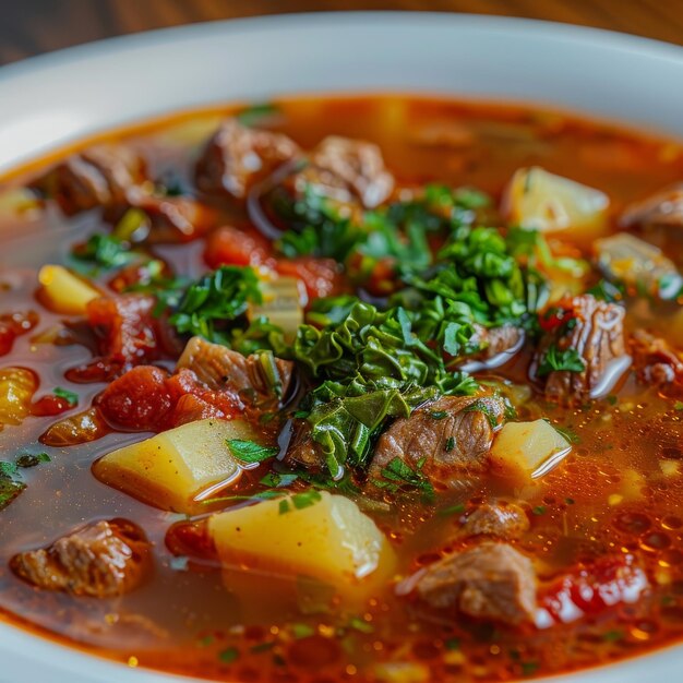 Soupe de tomate rouge avec du bœuf vert et des légumes Rich bouillon de viande de veau chaud avec des tomates pommes de terre