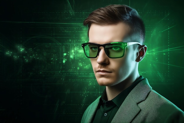 Spécialiste en informatique avec lunettes intelligentes et IA générative à matrice verte du cyberespace