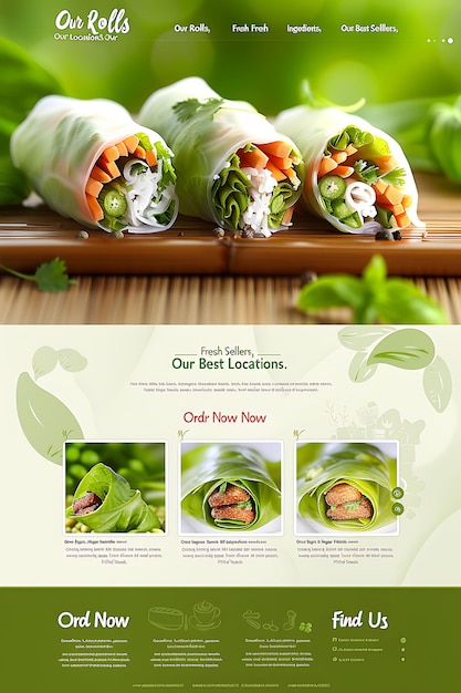 Photo spring rolls avec effet de retournement de carte mise en page propre pour un concept de mise en page de site web de nourriture chinoise à emporter