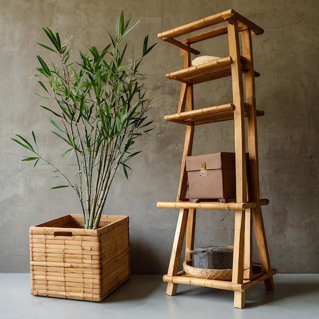 Photo stand en bois avec des boîtes et du bambou