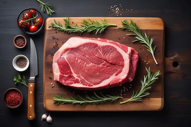 Steak de bœuf cru sur une planche à couper en bois avec des herbes