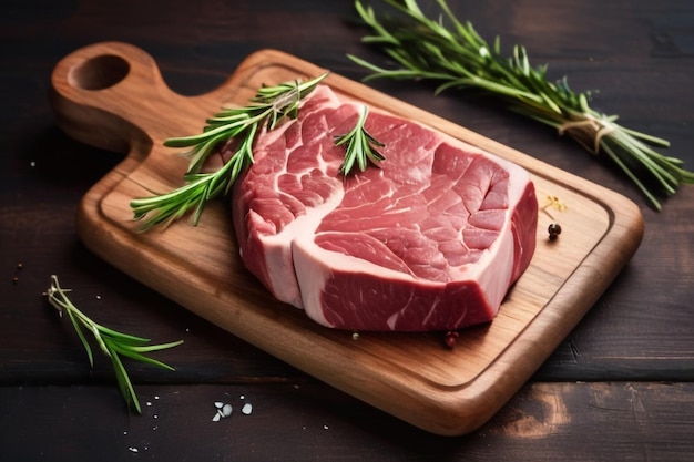 Steak de bœuf cru sur une planche à couper en bois avec des herbes