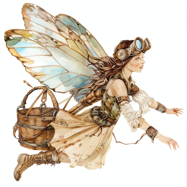 steampunk clipart de fée volant avec un panier cool futuriste et vieux