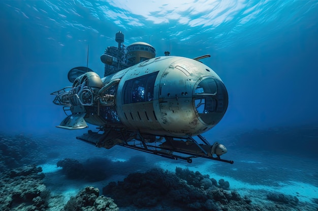 Photo submersible volant au-dessus des fonds marins présentant une variété de vie marine créée avec une ia générative