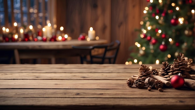 Table en bois vide avec un fond de Noël flou généré par l'IA