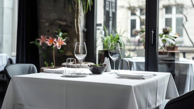 Photo table élégante dans un restaurant moderne avec une nappe blanche, des verres à vin et des fleurs