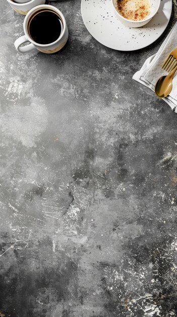 Photo une table moderne avec des assiettes blanches, des couverts d'or élégants et des serviettes pliées sur un fond en béton gris, idéale pour les modèles de conception de menus dans les restaurants ou les cafés