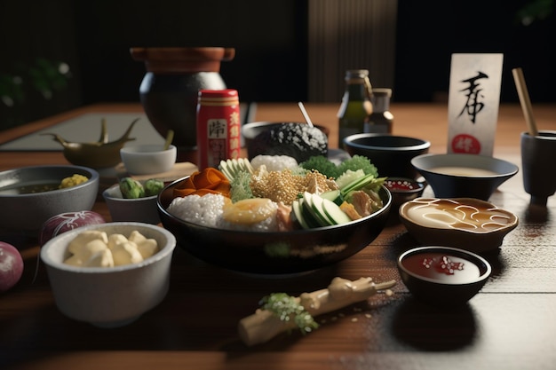 Une table avec une pancarte indiquant "nourriture japonaise" dessus