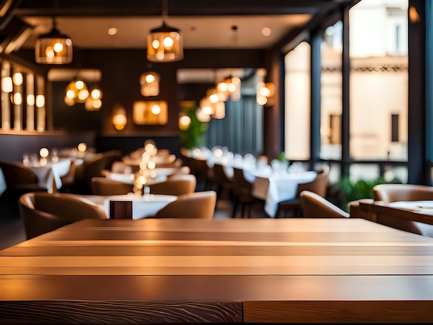 Photo table de restaurant en bois avec un fond flou