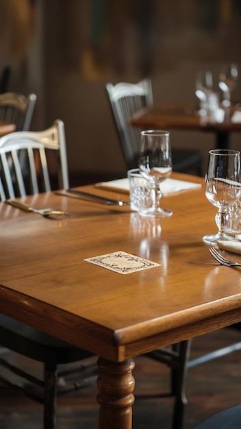 Photo table vide en bois devant un restaurant à fond flou