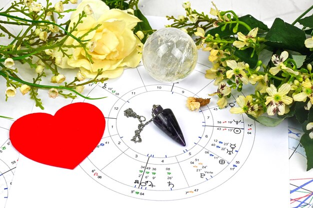 Photo tableau de naissance astrologique imprimé et fleurs blanches pendule coeur et sphères de cristal de quartz clair plan d'astrologie de l'histoire d'amour plan ésotérique et de cartographie de la vie lorsque vous vous mariez spirituel