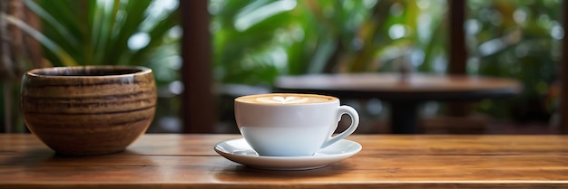 Photo une tasse de cappuccino est assise sur une soucoupe avec un fond flou