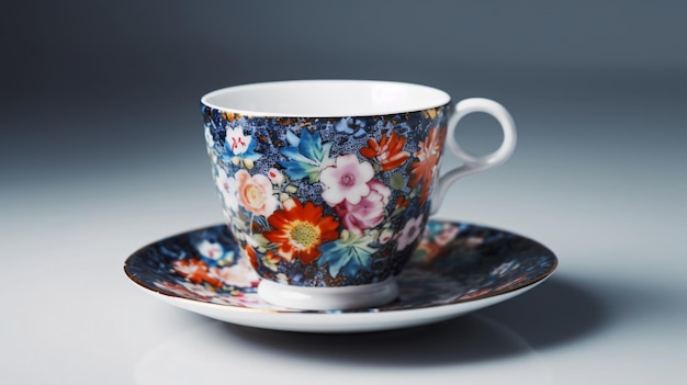 Une tasse et une soucoupe avec un motif floral et une soucoupe avec une soucoupe dessus.