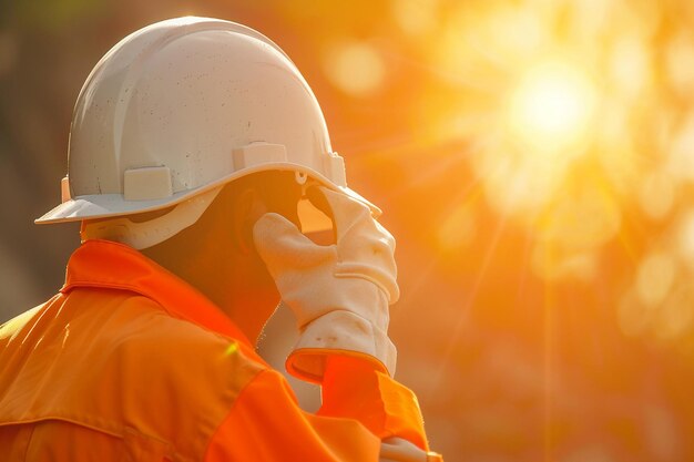 Photo technicien portant un chapeau blanc chapeau de sécurité chapeau dur fond de lumière du soleil