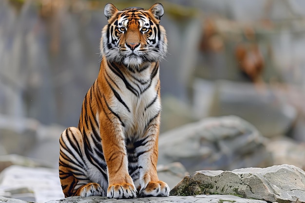 Photo un tigre est assis sur un rocher devant des rochers