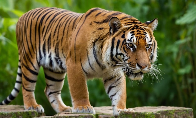 Photo un tigre marche sur un rocher dans les bois