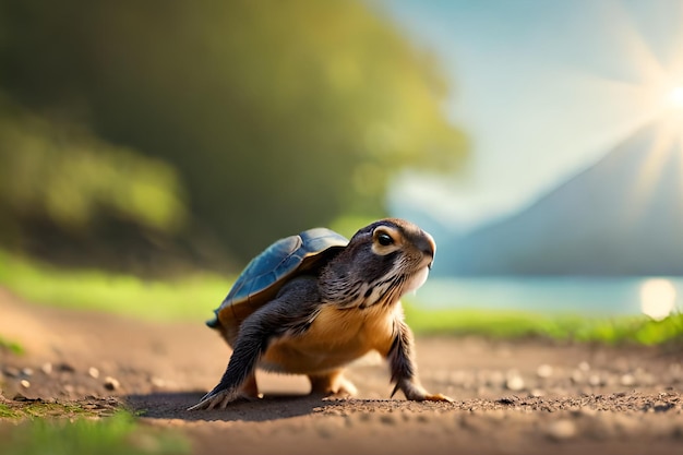 Photo une tortue sur un chemin de terre avec un arrière-plan flou.