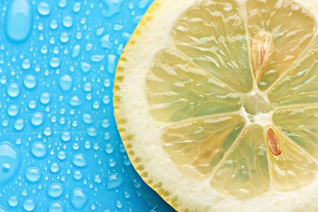 Tranche de citron avec goutte sur fond bleu