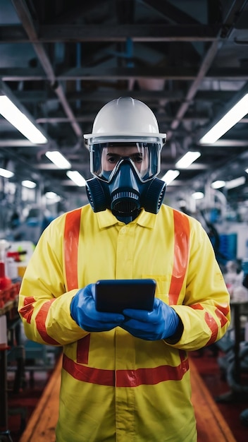 Photo travailleur portant un équipement de protection et un masque à gaz travaillant dans une usine de production de produits chimiques