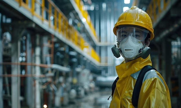 Photo travailleur d'une usine moderne ou d'un entrepôt de distribution portant un respirateur