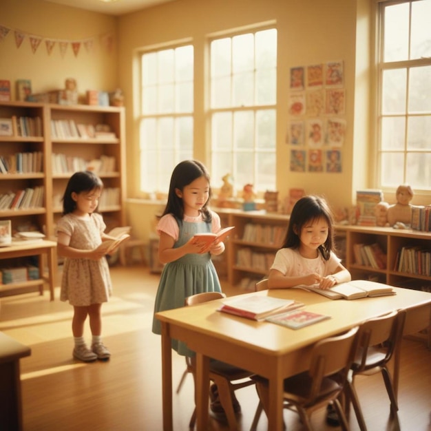 Photo trois filles sont dans une salle de classe avec des livres et une est en train de lire un livre