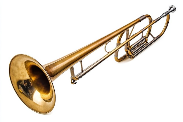 Photo un trombone en laiton brillant sur un fond blanc met en évidence son design exquis