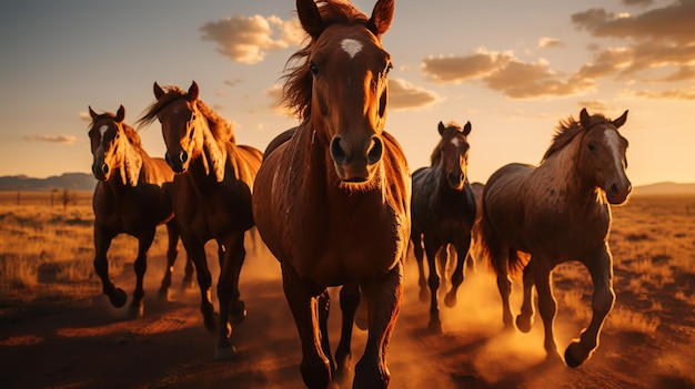 Photo un troupeau de chevaux court au soleil avec de la poussière sur le pâturage d'été