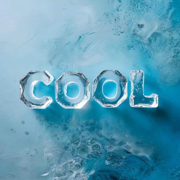 Photo typographie fraîche faite à l'aide de morceaux de glace transparents sur un fond bleu frais