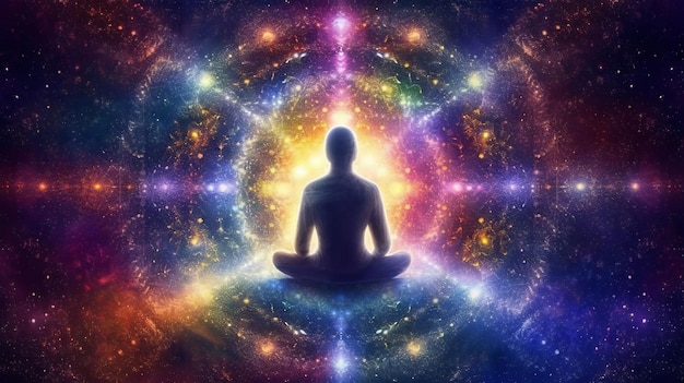 Photo univers cosmos avec personne méditation chakras prana ai générative