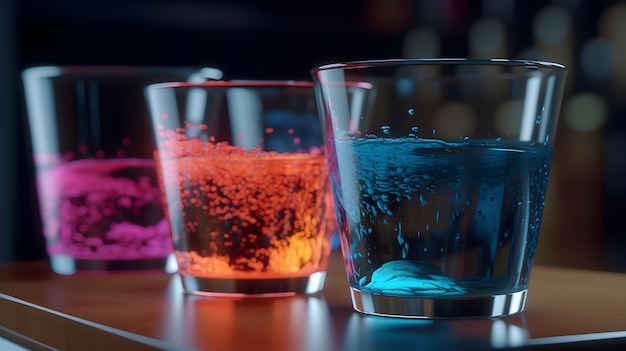 Un verre de peinture coloré est posé sur une table avec un fond noir.