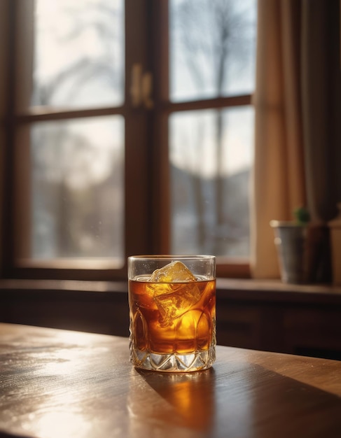 un verre de whisky est assis sur une table devant une fenêtre