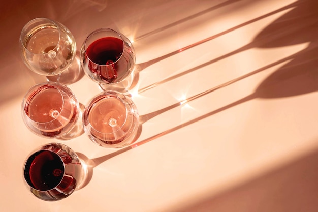 Verres Verres de vin rouge, rosé et blanc avec effet d'ombre au soleil. Concept de dégustation de vin. Mise à plat, vue de dessus.