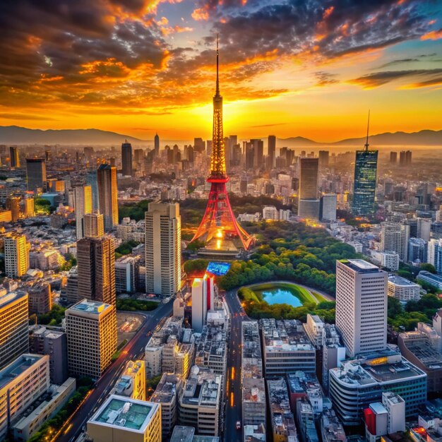 Photo la ville de tokyo vue d'en haut au coucher du soleil au japon