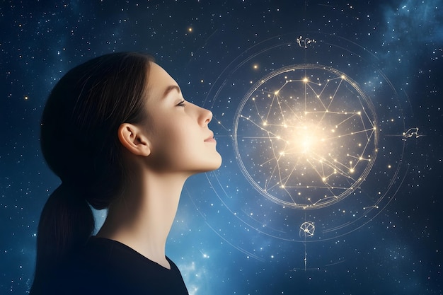 Photo vintage d'une femme regardant le ciel nocturne céleste avec les constellations du zodiaque