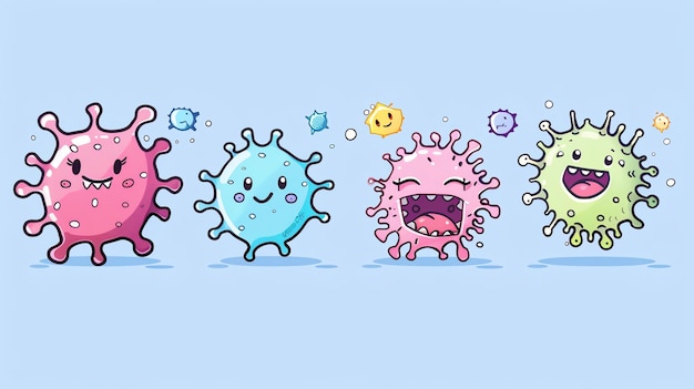 Photo des virus de dessins animés avec des expressions heureuses