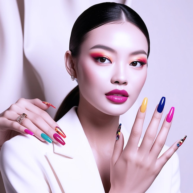 Photo le visage de la belle fille avec du vernis à ongles coloré et du maquillage