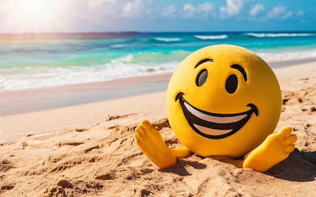 Photo un visage souriant est assis sur une plage avec l'océan en arrière-plan