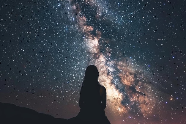 La voie lactée ciel nocturne romantique plein d'étoiles la fille regardant le ciel étoilé manque t'aimer